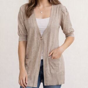 Frenchi Tan Metallic Open Cardigan Women’s Small Sparkle Knit Sweater